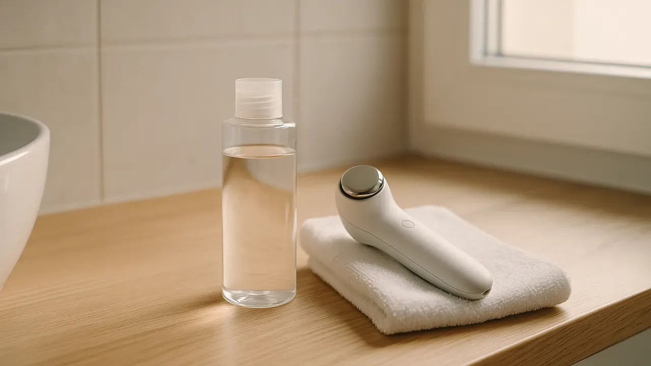 洗面台に置かれた化粧水のボトルと手持ちの美顔器