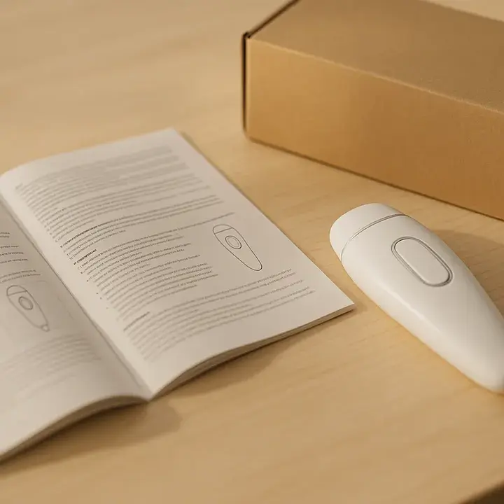 木のテーブルに開かれた取扱説明書と、隣に置かれた手持ちタイプの美顔器と箱
