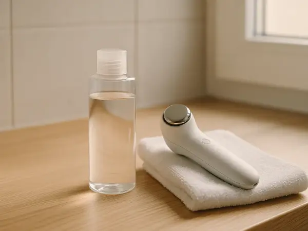 洗面台に置かれた化粧水のボトルと手持ちの美顔器