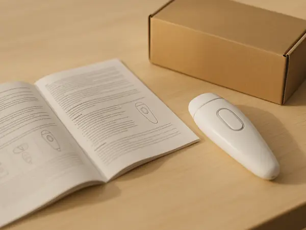 木のテーブルに開かれた取扱説明書と、隣に置かれた手持ちタイプの美顔器と箱