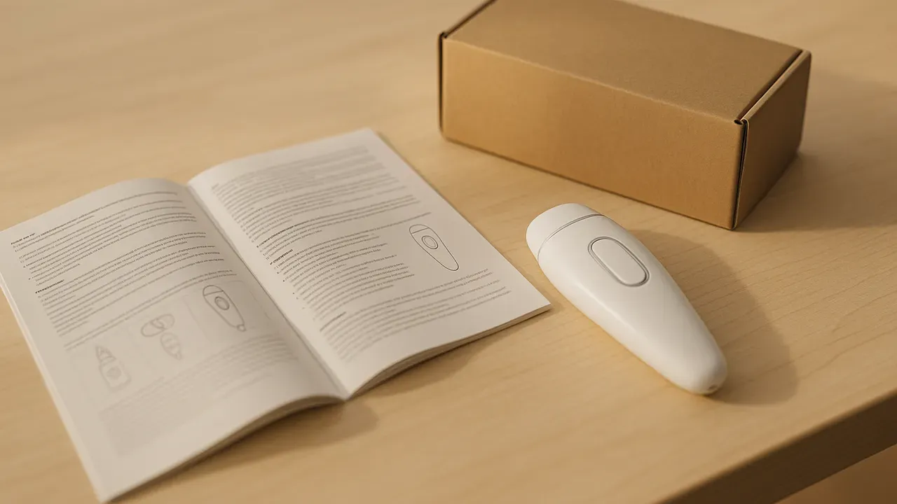 木のテーブルに開かれた取扱説明書と、隣に置かれた手持ちタイプの美顔器と箱