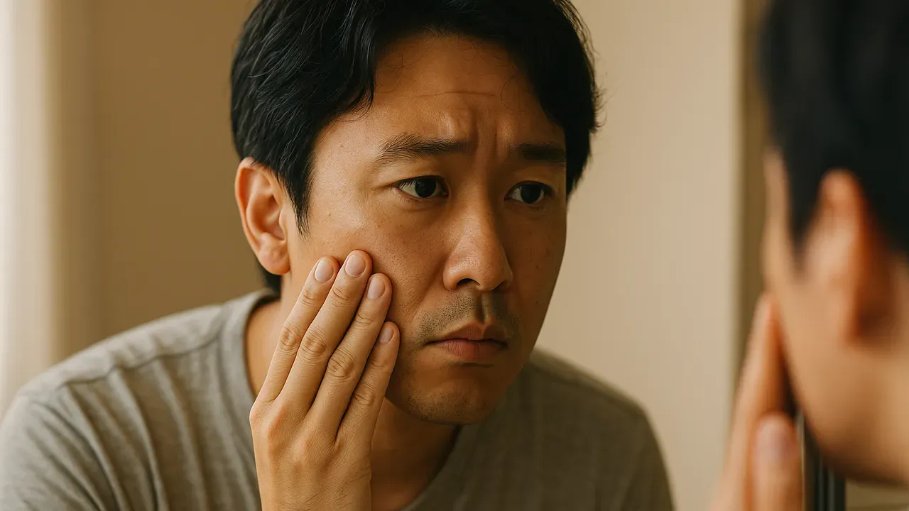 洗面所の鏡で自分の肌の状態を確かめる男性
