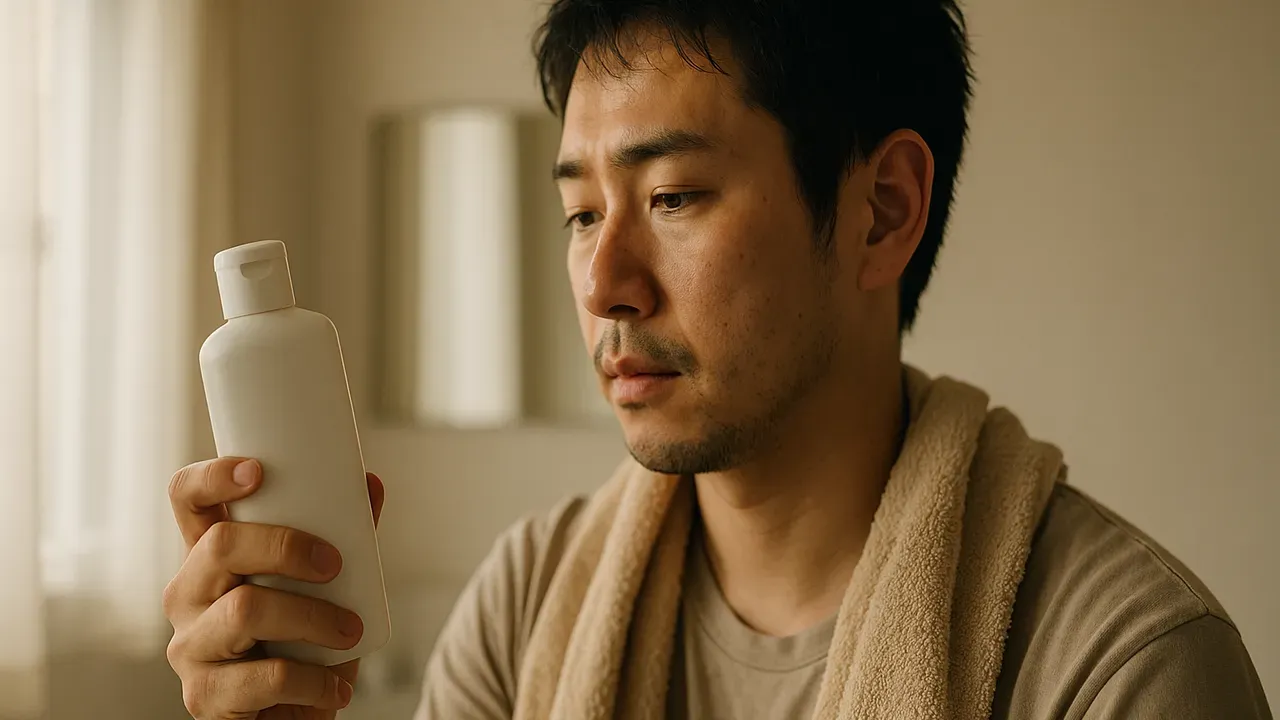 スカルプシャンプーのボトルを手にする男性