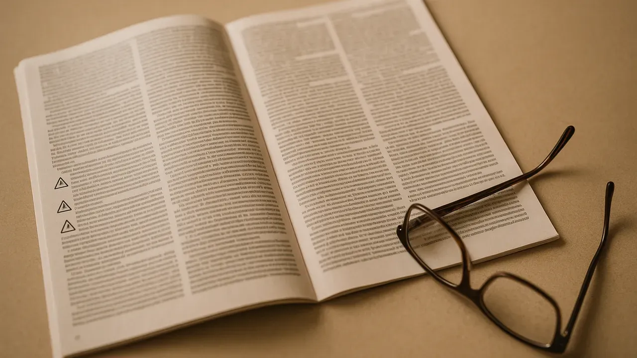 真上から撮影した取扱説明書の見開きページと、端に置かれた老眼鏡