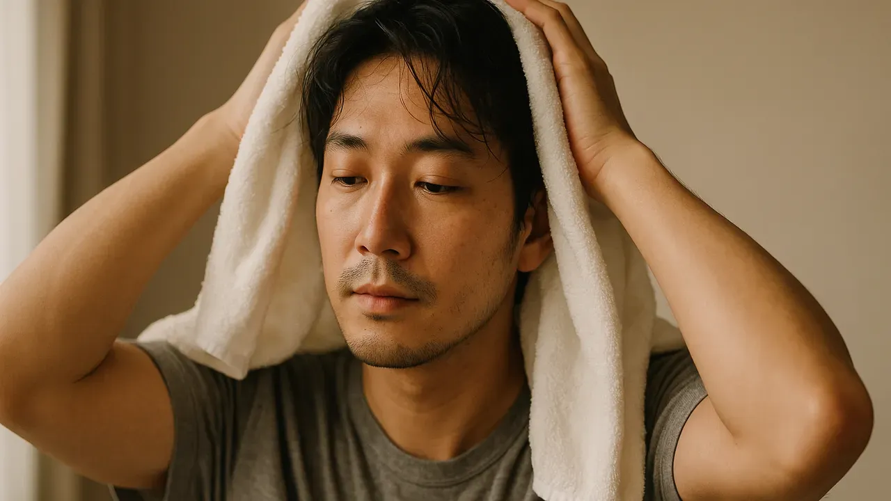 シャワー後にタオルで髪を乾かす男性