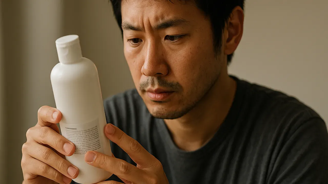 化粧水ボトル裏面の成分表示を読む男性