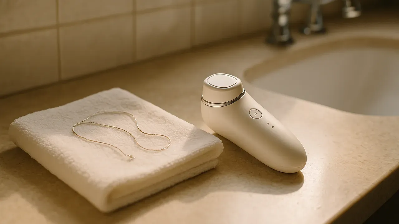 洗面台に置かれた手持ちタイプの美顔器と、外して隣に置かれたネックレス